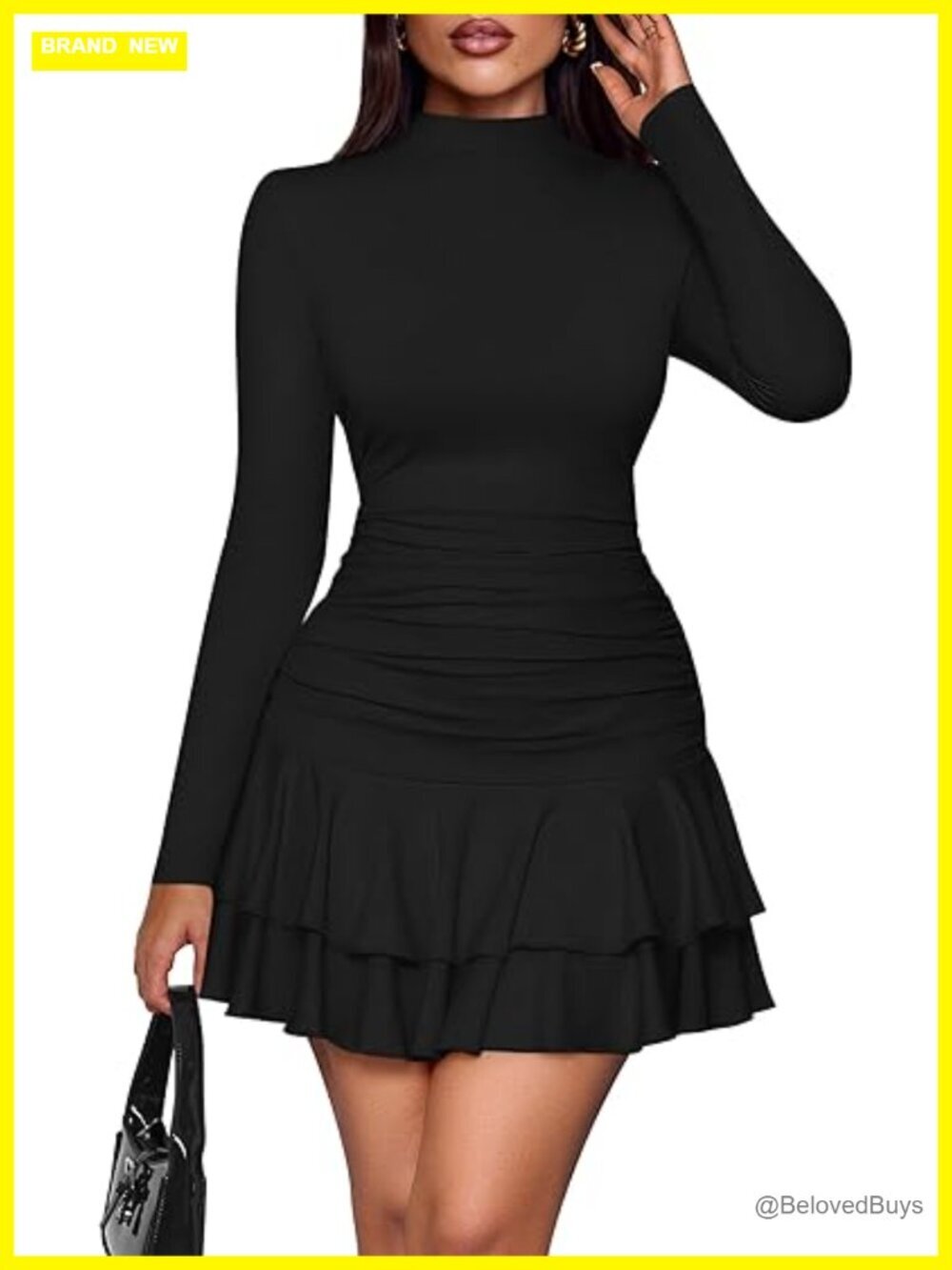Mock Neck Long Sleeve Ruched Bodycon Mini Dress Ruffle Layered Y2K Party
